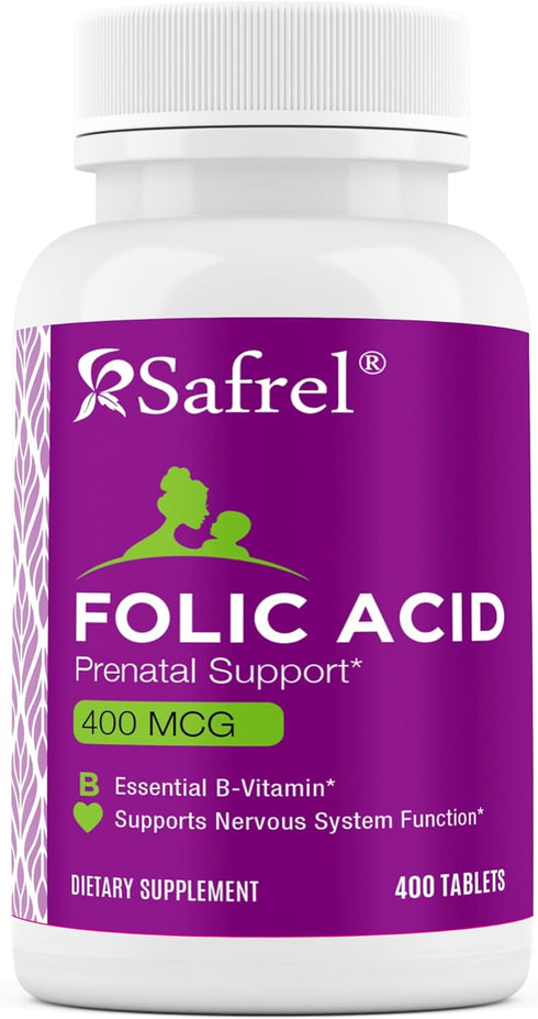 Safrel Folic Acid 400 mcg - Vitamin B9-400 Tablets, Essential Prenatal and Postnatal Vitamin for Fetal Development, Red Blood Cell Production, Cel...