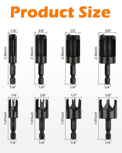 Plug Cutter, 8Pcs Wood Plug Cutters Drill Bit Set with 1/4 Hex Shank, Straight and Tapered Taper Cutting Tool 1/4", 5/16", 3/8", 1/2", Black...