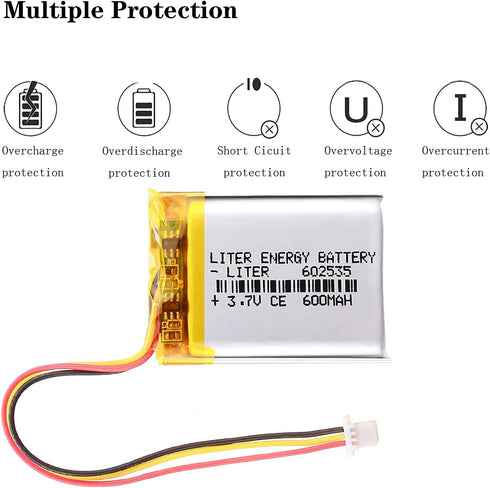3.7V Lipo Battery 600mAh Rechargeable Lithium ion Polymer Battery 602535 Lithium Polymer ion Battery with SH 1.0-3P Connector...