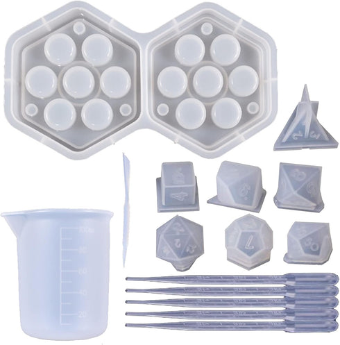 Silicone resin dice molds for resin casting dnd(7Pcs) with Hexagon Dice Box,Epoxy polyhedral dice mold set d&d making kit,Fillet Square Triangle D...