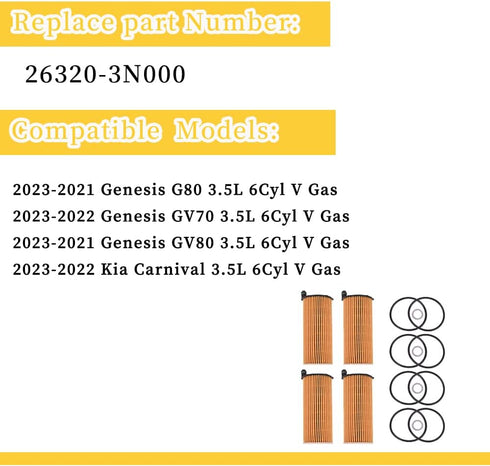26320-3N000 Oil Filters with O-rings and Drain Plug Gaskets Compatible with Genesis G80 GV80 3.5L 2021-2023, GV70 3.5L 2022-2023, Kia Carnival 3.5...