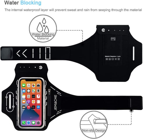 JEMACHE Running Armband for iPhone 16e 16 15 14 13 12 Pro, Samsung Galaxy S25 S24 S23 S22 S21, Gym Workouts Arm Band with Earphone Holder (Black)...