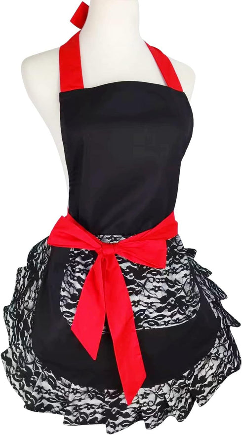 Black Lace Flirty Apron with Pocket, Fun Retro Sexy Cooking Pinup Aprons for Women Girls...