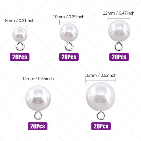 Swpeet 90Pcs 8mm 10mm 12mm 14mm 16mm White Pearl Bead Cap Half Ball Dome Metal Circle Hook Buttons Assortment Kit for Crafting Sewing Scarpbooking...