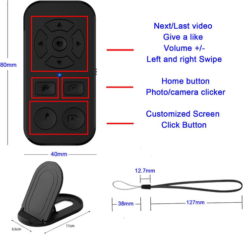 TikTok Scrolling Remote Control for iPhone & Android Smartphone, Bluetooth Page Turner for Kindle App, Photo and Video Clicker, Include Phone Stan...