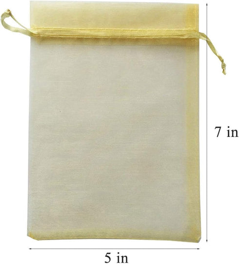 50pcs 5x7 inch Gifts Wrap Bags Gold, Organza Sheer Fabric Bulk, Drawstring Reusable Recycled Pouch for Baby Shower Favor, Craft Business, Beach, S...