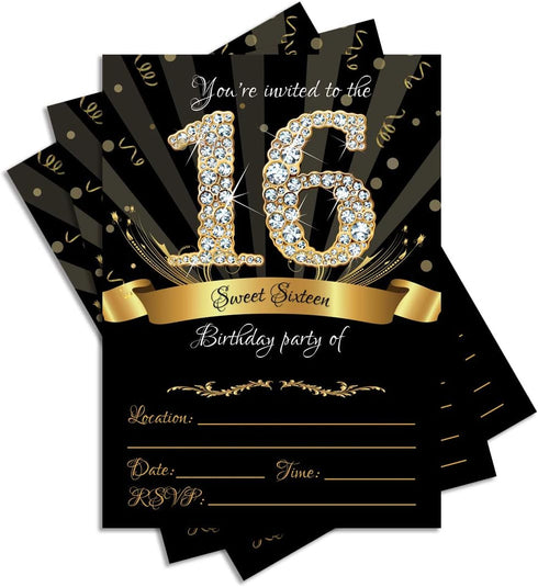 25 Sweet Sixteen Black Double-sided 5x7 Party Invitations Kit with Gold Metallic Pen and Envelopes...