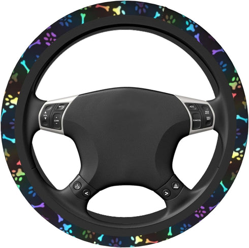 Black Rainbow Dog Paw Print Steering Wheel Cover Colorful Cute Bones Stearing Wheeler Covers Cooling Sterringwheelcovers Cool Girl Stering Coverin...
