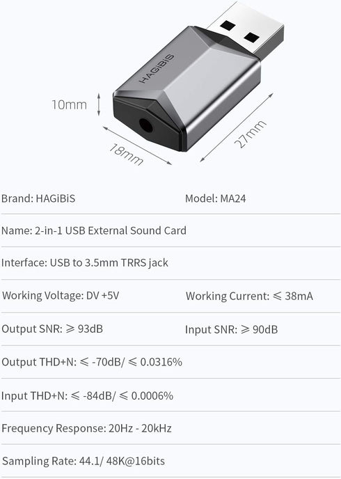 Hagibis USB External Sound Card Adapter Alloy 2 in 1 USB to 3.5mm AUX TRRS Headphone and Microphone Jack Audio Adapter Mic Stereo Sound Card for W...
