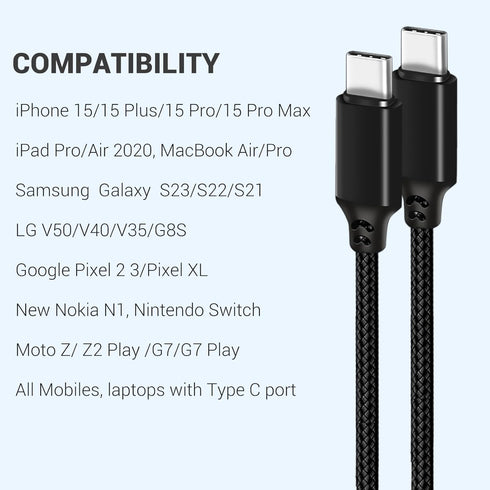 USB C to USB C Cable 2ft 3Pack, 240W USB C Cable Short PD USB 2.0 Fast Charging Cord Compatible for iPhone 15/15 Plus/15 Pro/15 Pro Max, Galaxy S2...