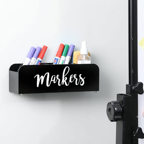 MyGift Whiteboard Marker Holder, Black Acrylic Wall Mounted or Tabletop Dry Erase Marker/Eraser/Cleaner Caddy with Cursive MARKERS Label...