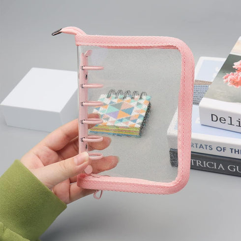 Clear A7 Binder Wallet with Zipper, Pink 6 Ring Glitter Budget Binder Loose Leaf Zip Up Binder Cover for Cash Envelopes System, Photocard Album, J...