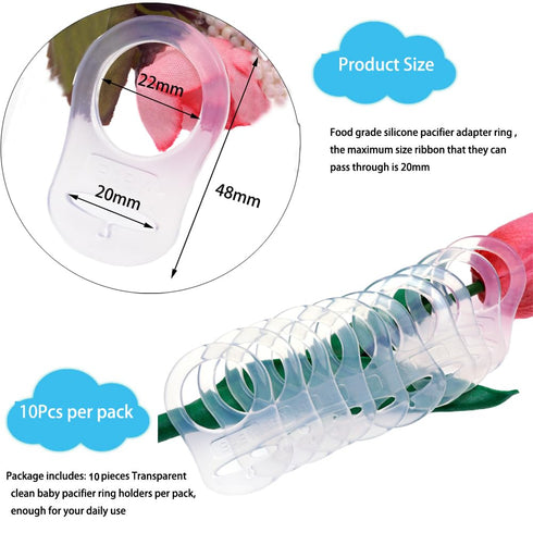 10 Clean Food Grade Transparent Silicone Adapter Rings Holder for Button Style Maam Dummy Baby Pacifier Soother Teething Ribbon Clip...