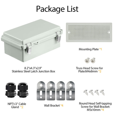 LeMotech Electrical Box, IP67 Waterproof Hinged Cover Stainless Steel Latch Junction Box, ABS Plastic Electrical Enclosure with Mounting Plate,Wal...