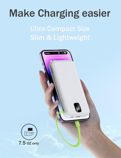 Portable Charger with Built-in Cables & AC Wall Plug 10000mAh Power Bank Fast Charging USB C for iPhone Samsung Android Phone External Battery Pac...