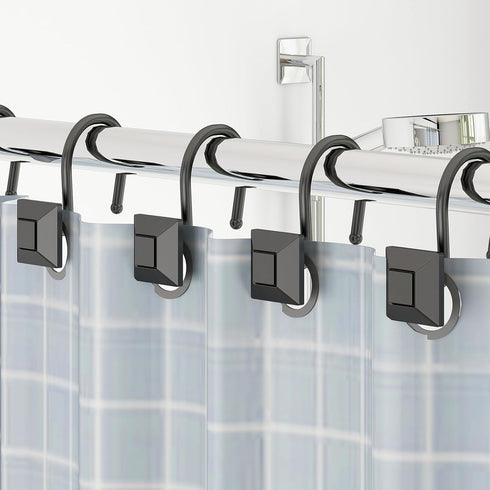 GILLAS Shower Curtain Decorative Hooks, Set of 12 Shower Curtain Rod Rings for Bathroom Rust Resistant Square, Black...