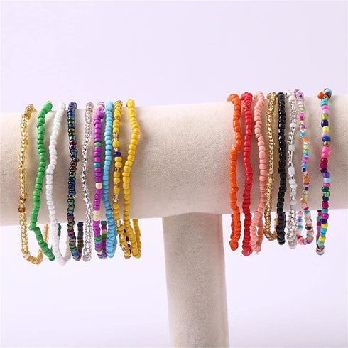 24Pcs Colorful Beaded Anklets Boho Handmade Beaded African Anklets Multicolor Seed Beads Stretch Ankle Bracelets for Women Elastic Foot and Hand C...