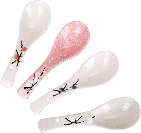 VanEnjoy Set of 4 Chinese/Japanese Ceramic Soup Spoons, Pink Cherry Blossom in Snow Pattern Ceramic Spoon Suitable for Soup...