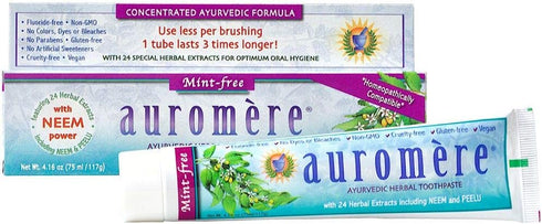 Auromere Ayurvedic Herbal Toothpaste, Mint Free - Vegan, Natural, Non GMO, Fluoride Free, Gluten Free, with Neem & Peelu (4.16 oz), 1 Pack...