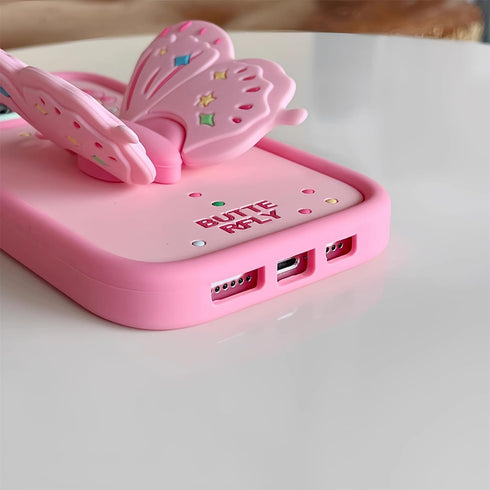 for iPhone 15 Pro Case Cute iPhone 14 Pro Case iPhone 13 Pro Case with Kickstand Stand Holder 3D Butterfly Silicone Girls Women Phone Cases Lens S...