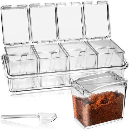 4-Cell Clear Seasoning Rack Spice Box, Storage Container Condiment Jars Acrylic Seasoning Box with Cover and Spoon (Basic Clear)...