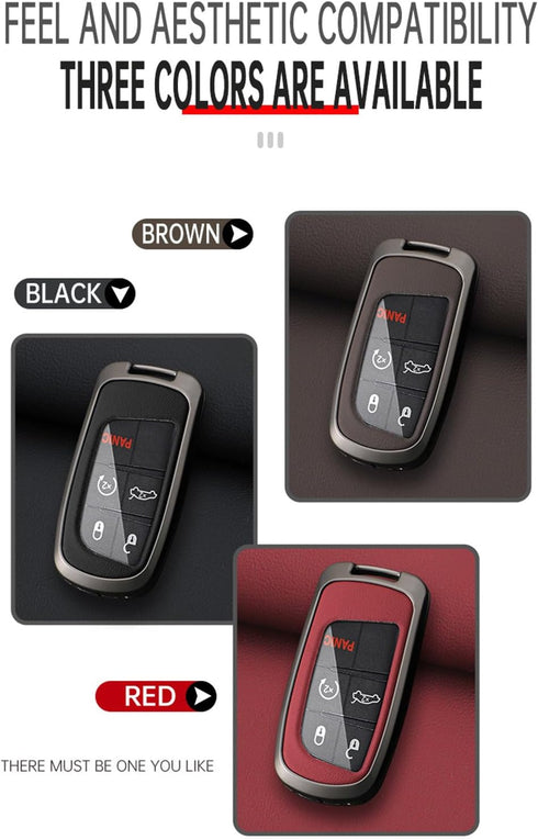 ontto Car Key Fob Cover Fit for Jeep Grand Cherokee Key Remote Metal Frame and Leather Key Shell Full Protector Fit for Dodge Challenger Charger D...