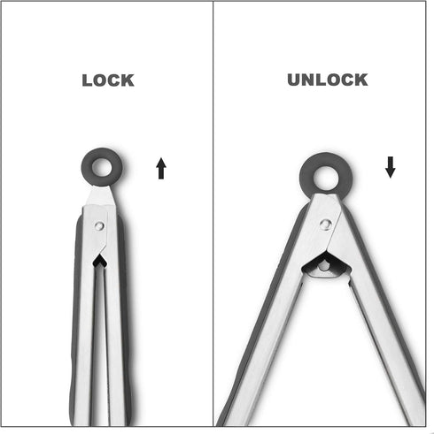 304 Stainless Steel Kitchen Cooking Tongs, 9" and 12" Set of 2 Sturdy Grilling Barbeque Brushed Locking Food Tongs with Ergonomic Grip, Grey...