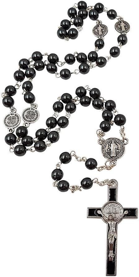 TALISMAN4U CATHOLIC ROSARY NECKLACE Black Hematite Beads Saint St Benedict Medal & Cross Gift Box...