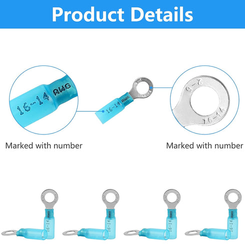 160 PCS Heat Shrink Ring Terminals (16-14 AWG), Insulated Blue Ring Terminals, 1/4'' Eyelet Wire Connectors, Insulated Electrical Connectors, Mari...