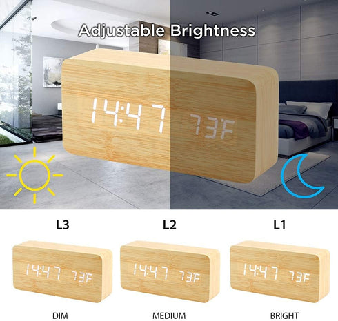 OCT17 Wooden Digital Alarm Clock, Wood Fashion Multi-Function LED Alarm Clock with USB Power Supply, Voice Control, Timer, Thermometer - Bamboo...