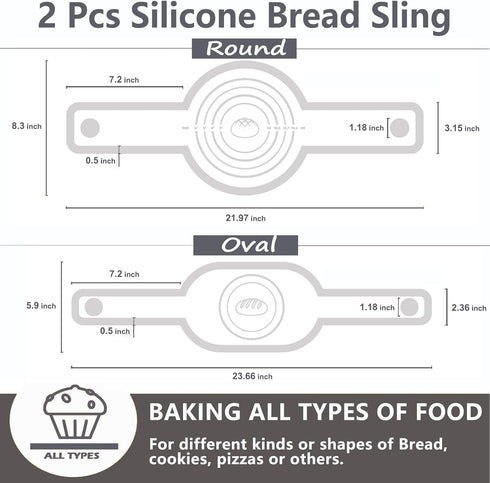 2Pcs Silicone Bread Sling Oval And Round For Dutch Oven, Non-Stick Easy-Clean Reusable Silicone Baking Mat With Long Handles Sourdough Bread Bakin...