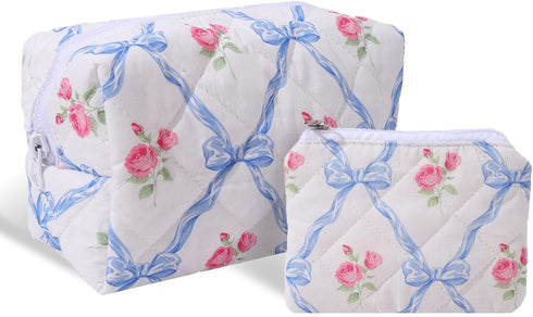 LYDZTION 2Pcs Cute makeup bag Quilted Makeup Bag for Women,Coquette Bow Makeup Bag Cotton Makeup Bag with Purse Pouch Aesthetic Stuff Travel Essen...