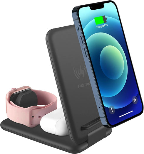 Wireless Charger, 3 in 1 Qi-Certified Folding Fast Wireless Charging Station for iPhone 14/13/12/11/X/XR/Xs Max, Apple Watch Series and Airpods, C...