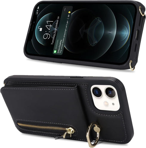 iPhone 12 Case with Card Holder for Women, iPhone 12 pro Phone Case Wallet with Strap Credit Card Slots Crossbody with Kickstand Zipper Case - Bla...