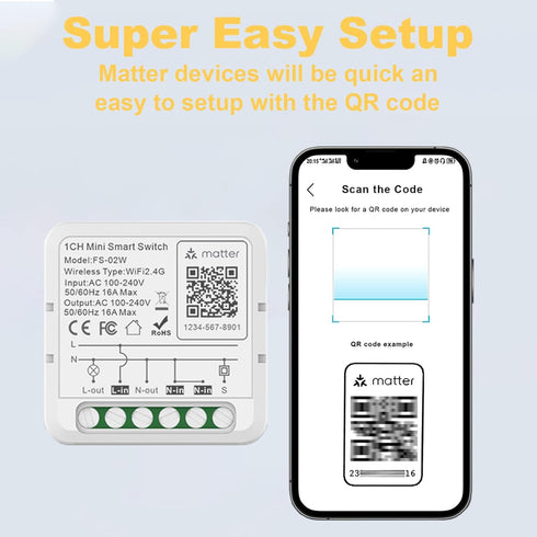 Matter Smart Switch 16A Mini DIY WiFi Light Switch Relay Module, Compatible with HomeKit, Alexa, Google Home, SmartThings with Remote Control & Ti...