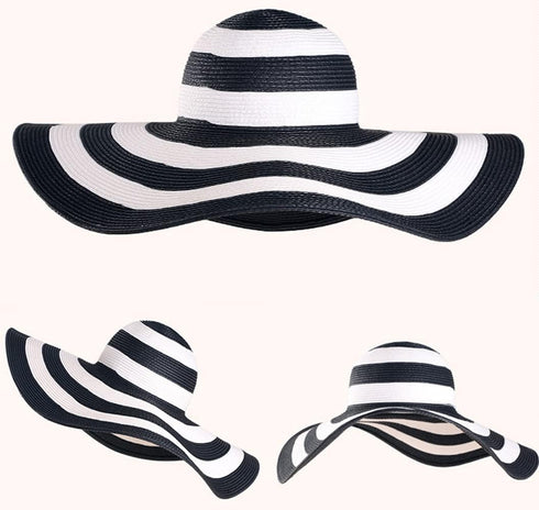 Womens Sun Straw Hat Wide Brim Sun Hat Sun Protection Straw Hat UV Foldable Roll Up Floppy Beach Cap Black and White...