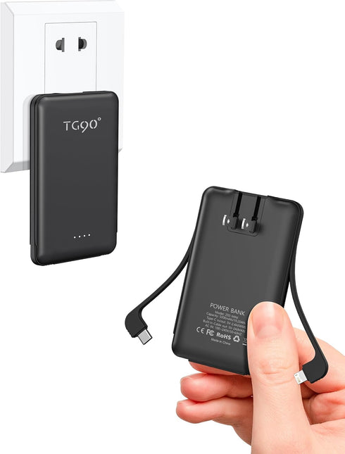 TG90° Power Bank Portable Phone Charger, 5000mAh Lightweight Battery Pack with Built-in AC Wall Plug and Cables, Ultra Mini Battery Charger Compat...