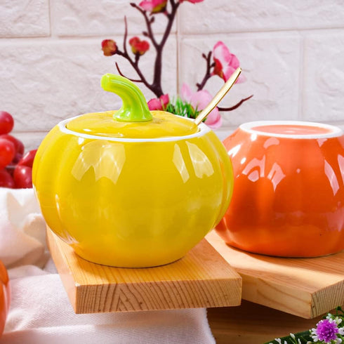 Sugar Bowls with Lid and Spoons, Pumpkin Shape Ceramic Sugar Bowl with Sugar Spoon and Lid for Home and Kitchen, Elegant Design, Yellow, 10.5 OZ (...