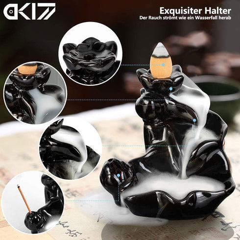 DK177 Waterfall Incense Holder Backflow Cone Ceramic Burner Handcrafted Porcelain Censer Incense Stick Stand with 20 Free Cones...