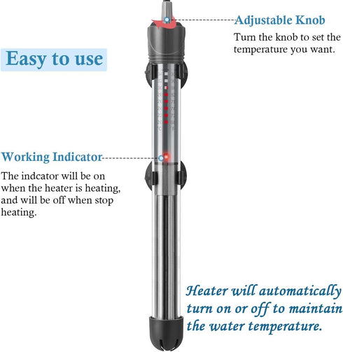 HITOP 25W 50W 100W 200W 300W Adjustable Aquarium Heater, Submersible Fish Tank Heater Thermostat with Suction Cup (200W)...