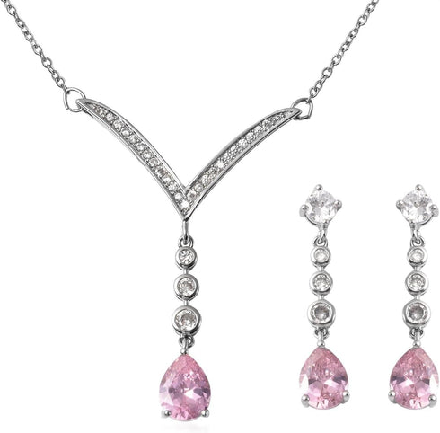 SHOP LC Bridesmaid Pink Jewelry Set for Women Earrings Necklace Cubic Zirconia CZ Platinum Plated Wedding Gifts for Women 18" Birthday Gifts...