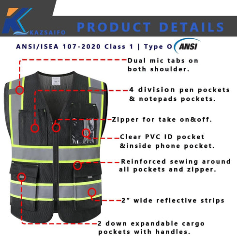 High Visibility Safety Vest for Men Women with 9 Pockets and Zipper Front Reflective Mesh Safety Work Vest Hi Vis Construction Vest Meets ANSI/ISE...