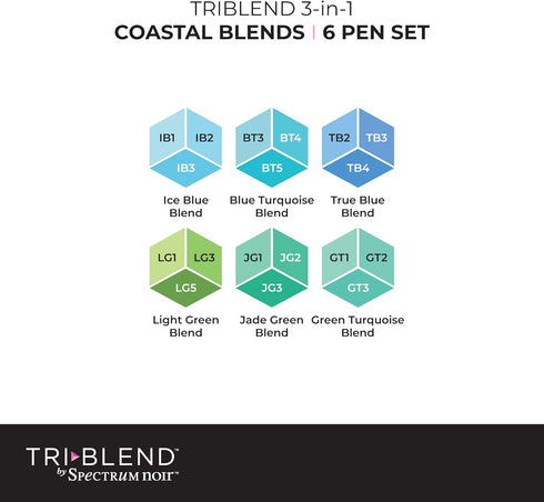 Crafter's Companion Spectrum Noir Triblend Alcohol 3 Marker Pens-Coastal Blends-Pack of 6...