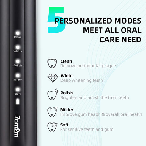 7AM2M Sonic Electric Toothbrush, Soft Toothbrushes for Adults and Kids with 6 Brush Heads, One Charge Use for 90 Days, 5 Modes with 2 Minutes Buil...