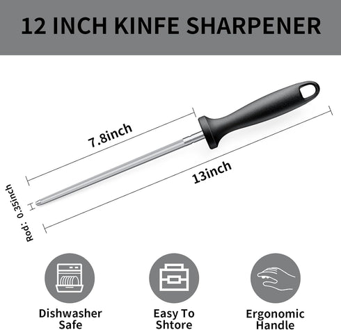 Knife Sharpener Rod, Kitchen Knives Sharpener Carbon Steel Professional Knife Sharpening Steel, Honing Rod with Hanging Holes (13 inches)...