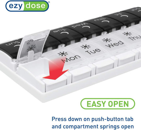 EZY DOSE Push Button (7-Day) Pill Case, Medicine Planner, Vitamin Organizer, 2 Times a Day AM/PM, Removable Trays, Large Compartments, Arthritis F...