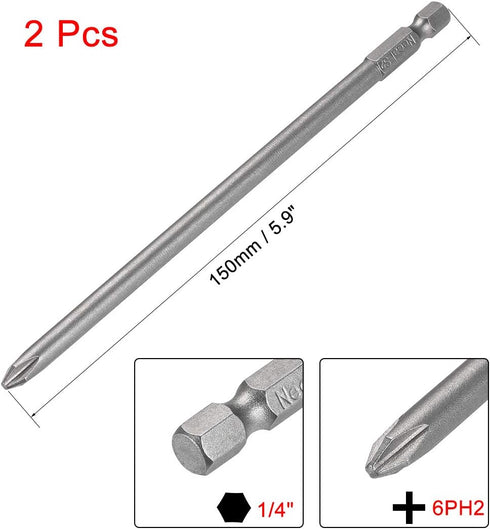 uxcell 2 Pcs 6mm PH2 Magnetic Phillips Screwdriver Bits, 1/4 Inch Hex Shank 5.9-inch Length S2 Power Tool...