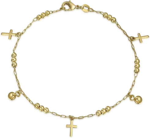 Christian Religious Spiritual Beads Bells Dangle Charm Multi Cross Anklet Ankle Bracelet For Women Teens 18K Gold Plated Brass 7.5, 10 Inch...
