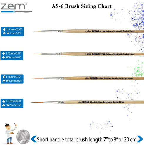 ZEM Brush Golden Synthetic Long Script Liners Artist Paint Brushes Sizes 20/0, 10/0, 5/0, 0...