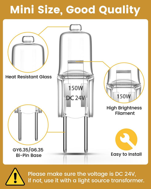 150W Halogen Light Bulbs DC 24V 2-Pin Dimmable Warm White 3000K, Halogen Capsule Bulbs with Clear Glass Lens for Chandeliers, Cabinet Lights, Proj...